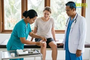 An Indonesian nurse bandages a small abrasion on a patient's knee while a doctor watches from the side. No blood, no needles.