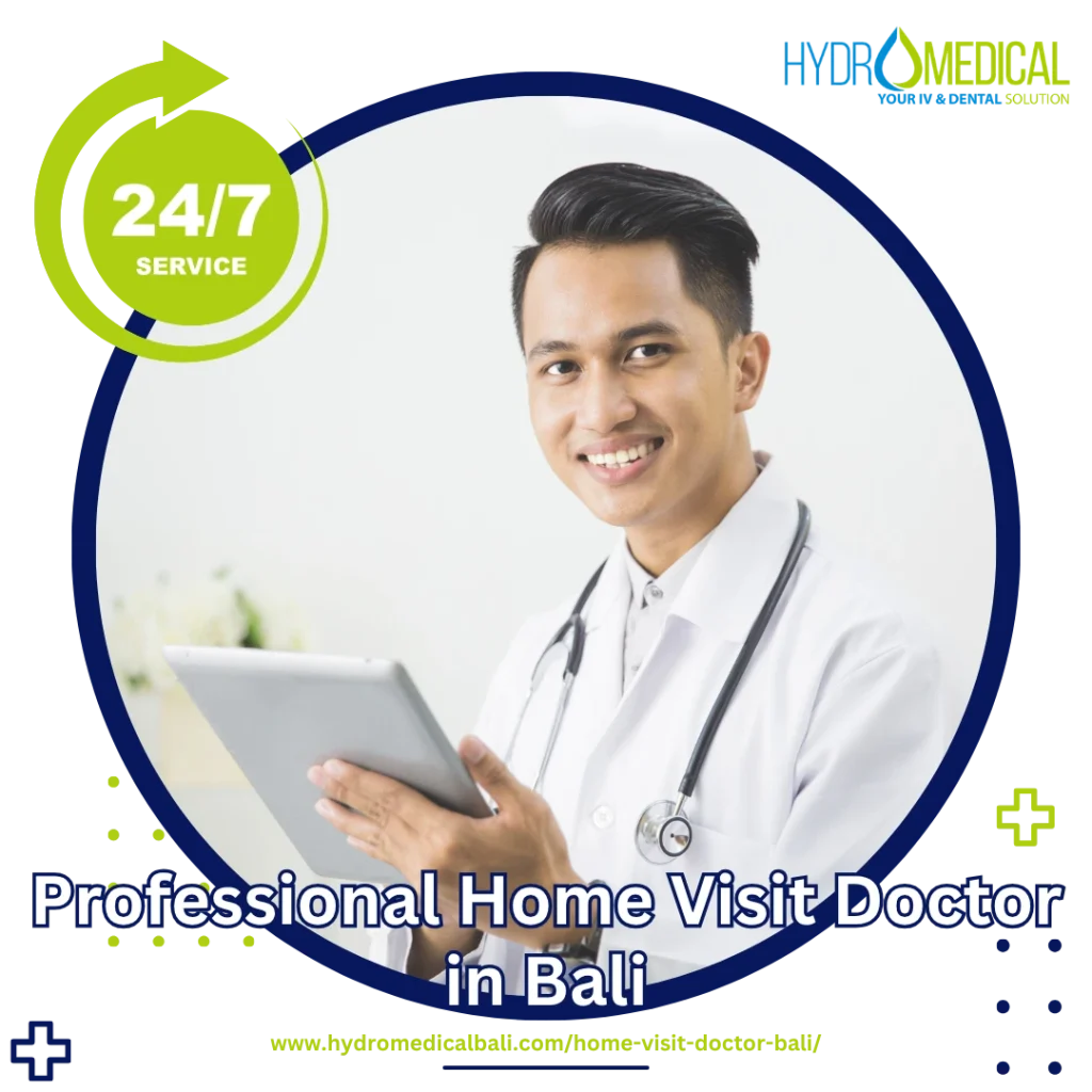 A professional doctor from Hydro Medical Clinic providing a Home Visit Doctor Service to a patient in a Bali villa.