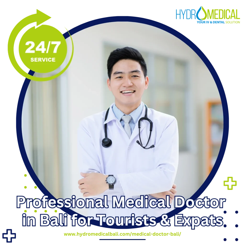 Professional Medical Doctor in Bali consulting a tourist patient at Hydro Medical Clinic.