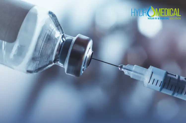 A vial of the PEP rabies vaccine at Hydro Medical Clinic Bali, ready for post-exposure prophylaxis.