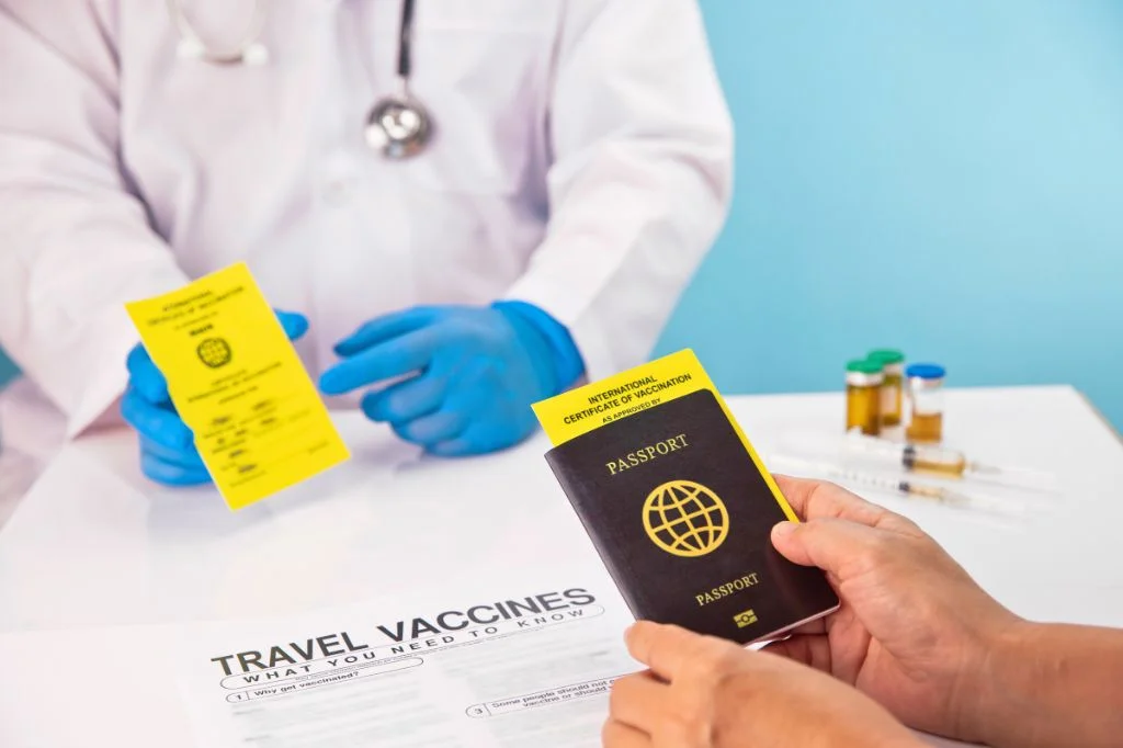 Traveler holding passport planning health requirements and rabies vaccinations for Bali trip.