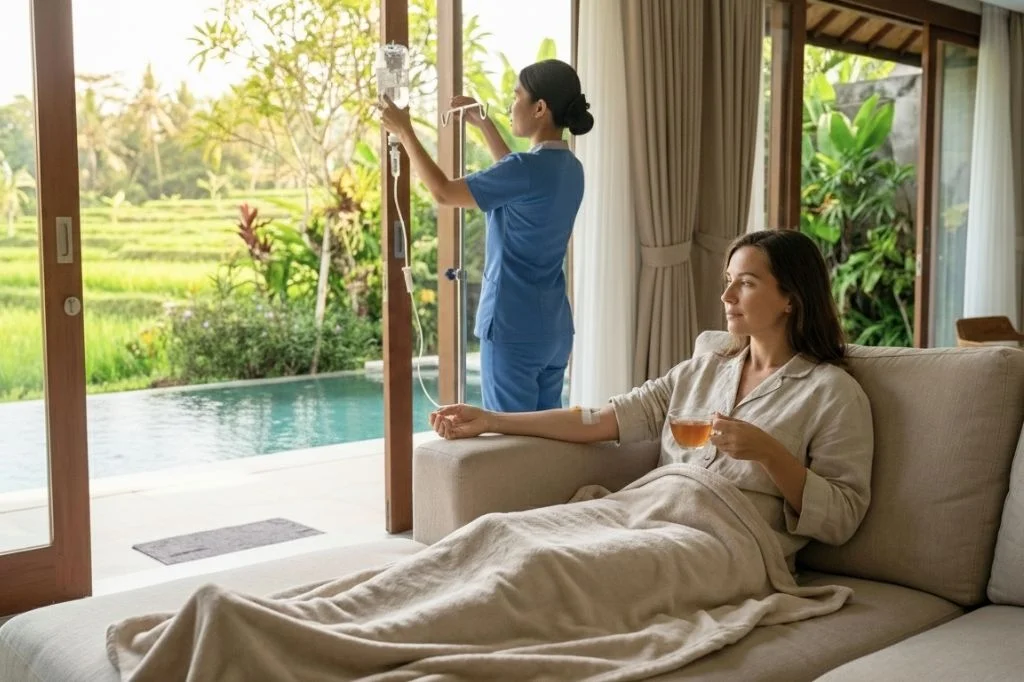 Patient receiving IV Therapy at Hydro Medical to treat heat exhaustion and dizziness.