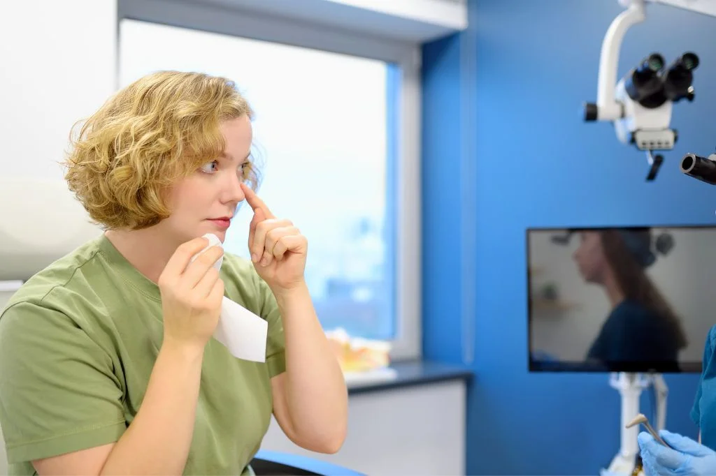 Hydro Medical doctor examining a patient's nasal passage for signs of sinusitis.