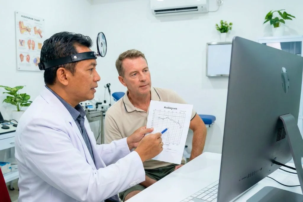 An ENT specialist explaining the audiogram results to a patient to diagnose the type of hearing loss.