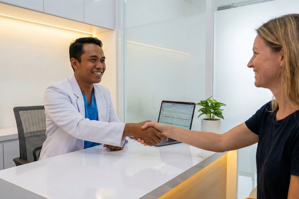 A trusted ENT doctor consulting with a patient at Hydro Medical Clinic, conveniently located in the Canggu/Berawa area.