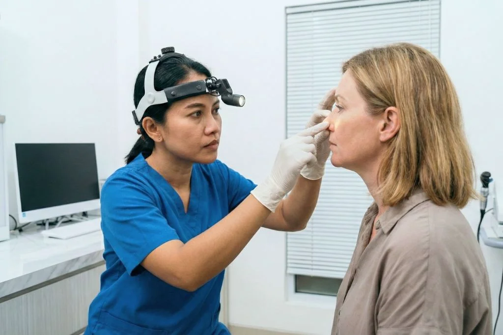 A Hydro Medical doctor using a professional headlamp to safely examine a patient's ear for foreign objects.