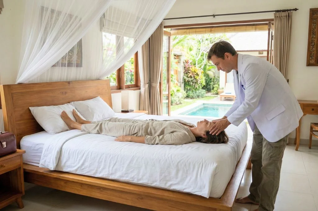A doctor performing the Epley Maneuver on a patient's bed to treat vertigo at home.