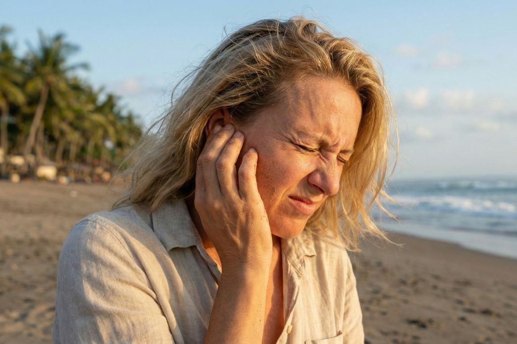 A patient in visible distress holding their ear due to a trapped insect or foreign object, requiring immediate medical removal.