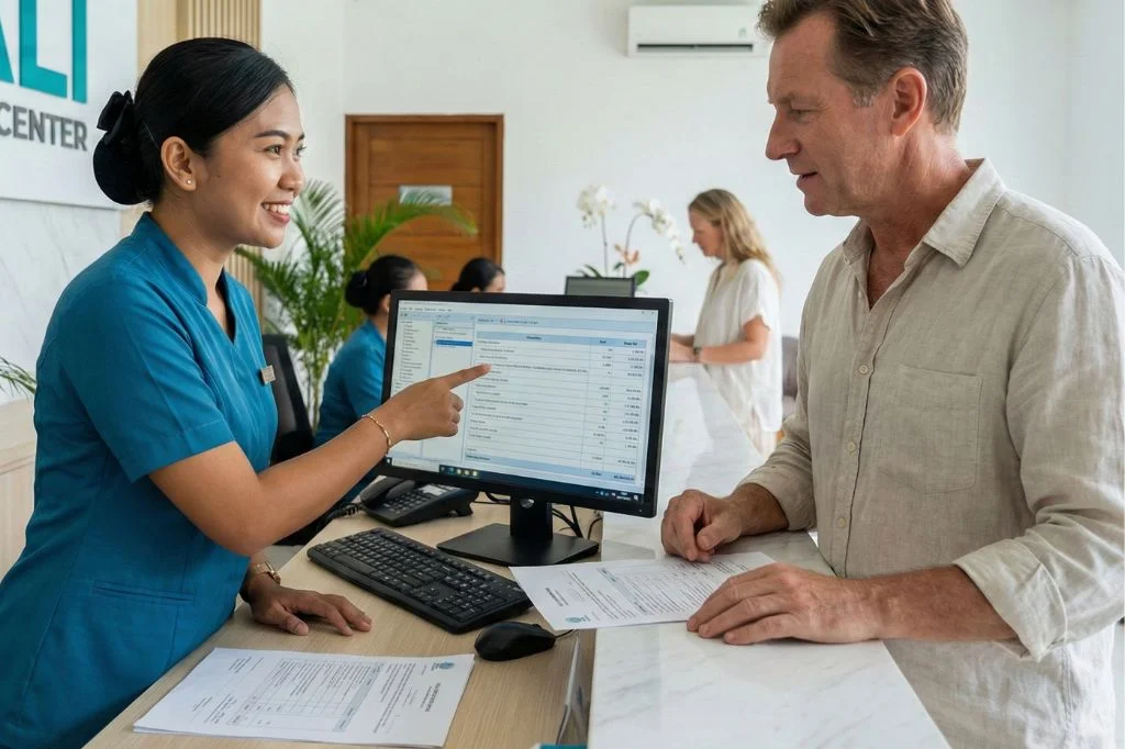 A receptionist at Hydro Medical Bali transparently explaining the treatment cost structure to a patient.