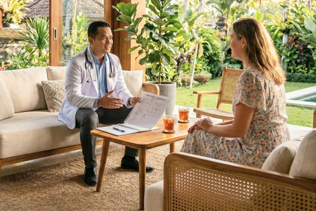 A professional internist conducting a home visit consultation in a private Bali villa.