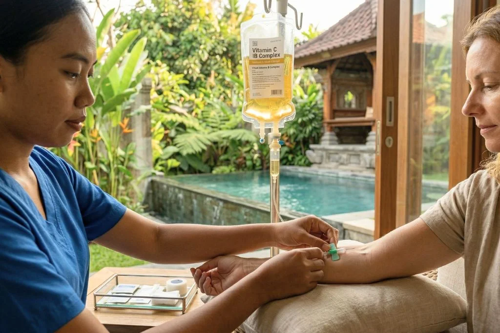 A professional IV drip setup for an immune boost in a tropical Bali setting