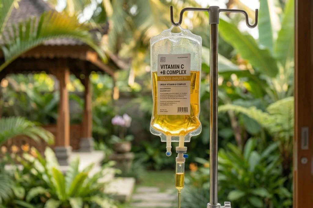 A medical-grade IV Drip in Bali setup at a home visit treatment.