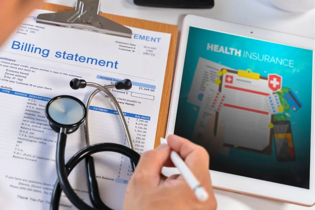 A medical professional providing official receipts and reports to a traveler.