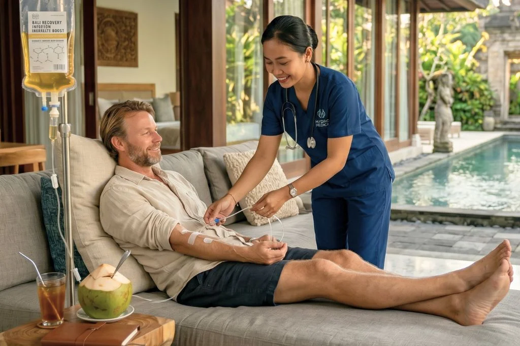 A foreign traveler recovering from a hangover with a specialized IV drip in Bali.
