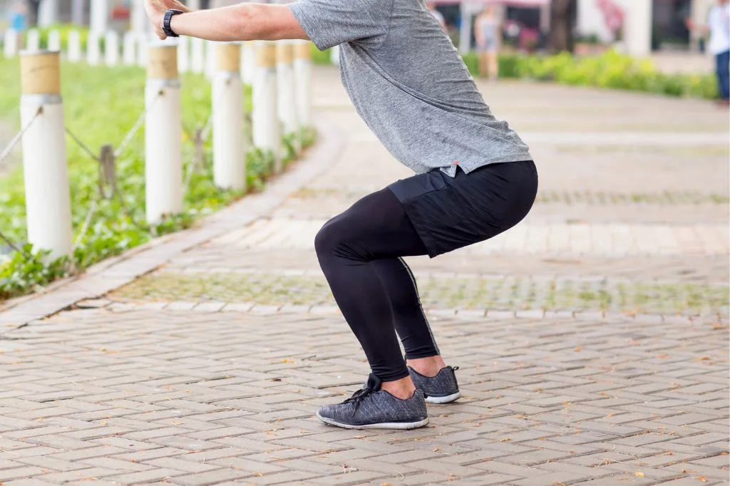 An active individual demonstrating full lower-limb biomechanical stabilization after successful physical therapy.