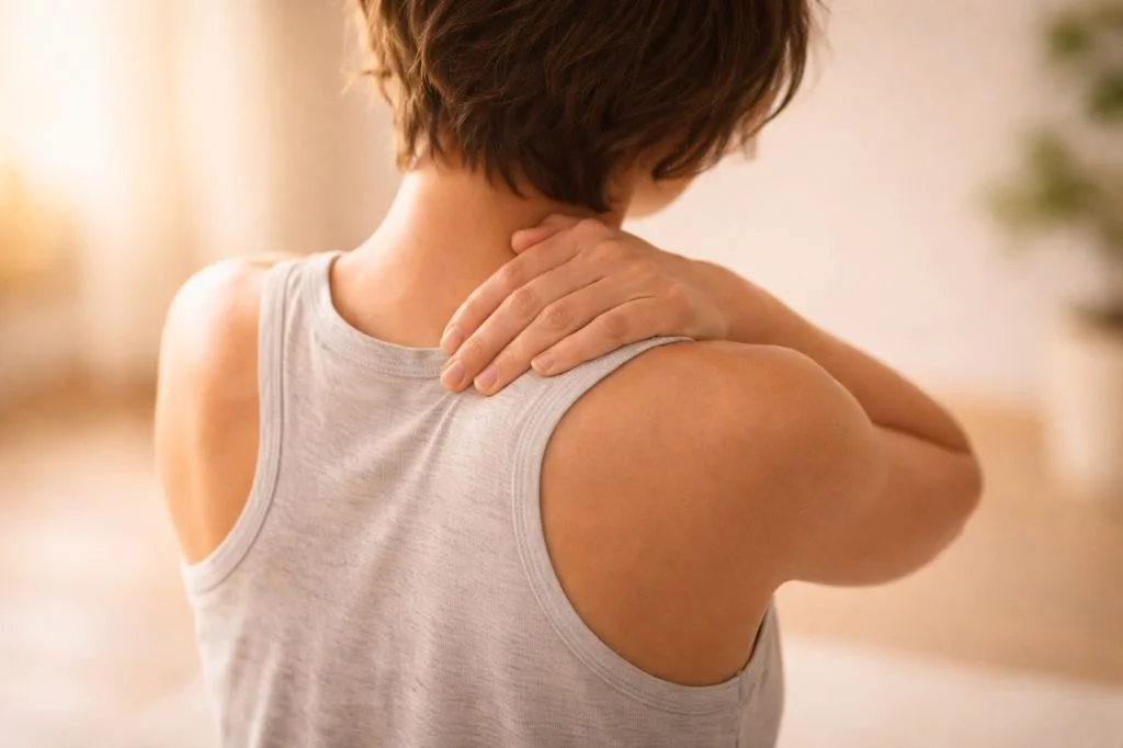 A traveler experiencing morning neck stiffness in a Bali villa.