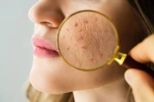 Dermatologist examining the acne in tourist skin