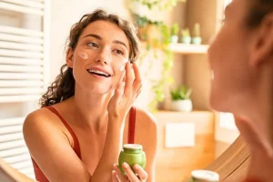 Person applying sunscreen and moisturizer as part of a daily anti-aging skincare routine