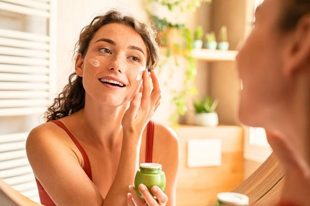 Person applying sunscreen and moisturizer as part of a daily anti-aging skincare routine