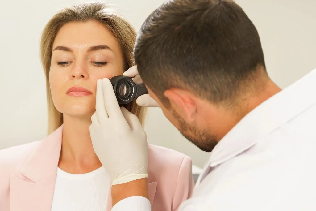 Dermatologist consulting attentively with a patient in a bright clinic room