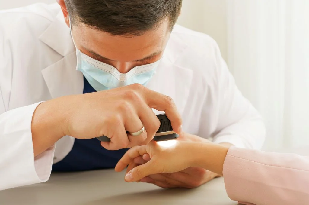 Dermatologist using a dermoscope to examine a patient's skin at a Bali clinic