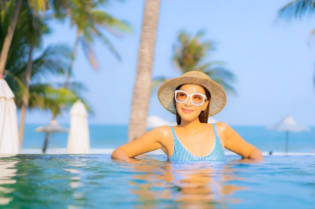 Traveler with clear, healthy-looking skin enjoying an outdoor activity in Bali